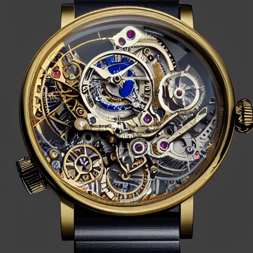 Prompt: a steampunk Jaquet Droz Skelet-One Tourbillon “Only Watch”, highly detailed illustration highlights, gold and silver highlights, neon blue highlights, macro photography, F/2.8, trending on artstation, octane render