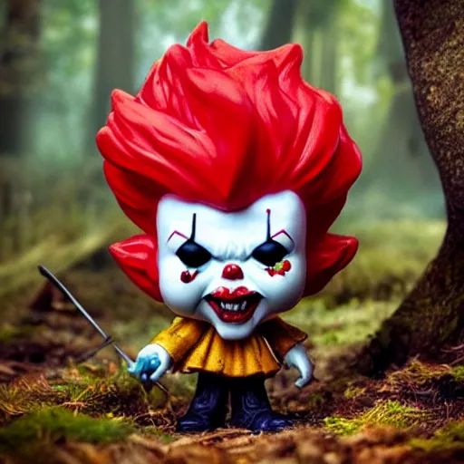 Prompt: Funko pop of pennywise in a fantasy forest, trending on artstation, HDR