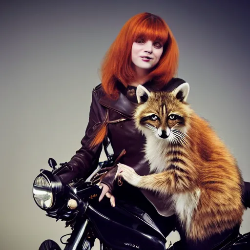 Image similar to a high - fashion photo of a slender beautiful woman with straight ginger hair and bangs, wearing purple leathers and gold helmet, posing with large ginger tabby and raccoon on a motorcycle in front yard, holding toasted brioche bun, dramatic lighting, 8 5 mm lens