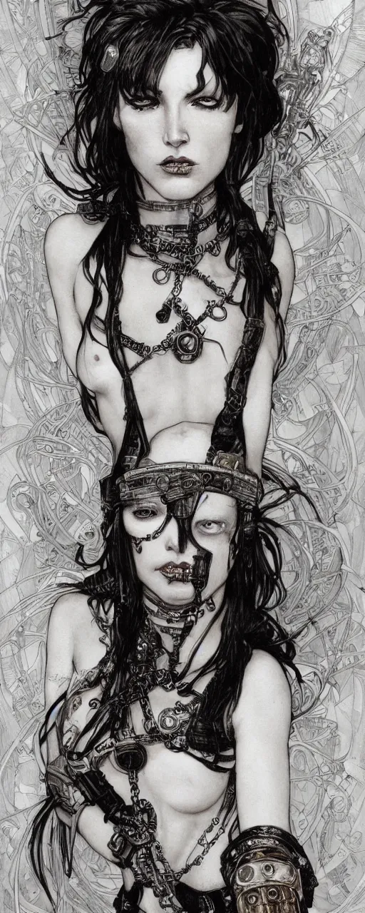 Image similar to striking sensual gorgeous crustpunk art nouveau portrait of cristina ricci as an ironpunk heavy metal rebel soldier by travis charest, simon bisley and alphonse mucha, photorealism, extremely hyperdetailed, perfect symmetrical facial features, perfect anatomy, ornate declotage, excited expression, wild eyes