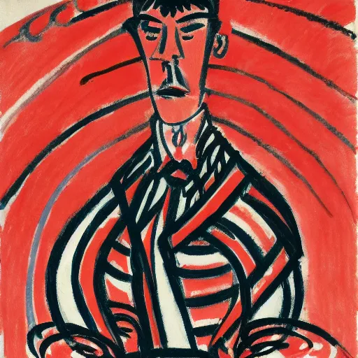 Prompt: precise by louis valtat navajo red, zoetrope. a drawing of a suit. the man's eyes are closed & he has a serene, content look on his face. his arms are crossed in front of him & is floating in space. background is swirling with geometric shapes & patterns.