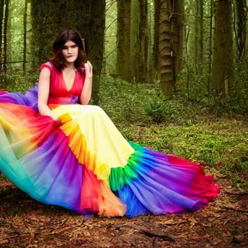 Image similar to picture of gemma arterton wearing a long rainbow wedding gown, sitting in a colorful forest