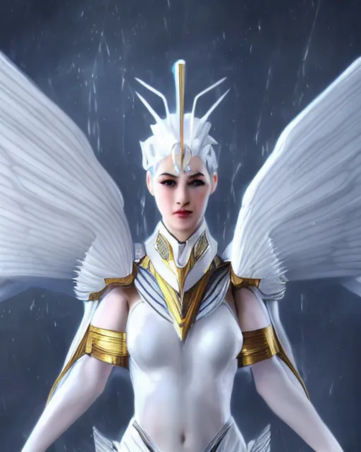 Image similar to perfect white haired egyptian goddess with huge white dove wings, warframe armor, attractive, beautiful, symmetric, dreamy, half asian, pretty face, blue eyes, detailed, scifi platform, laboratory, experiment, 4 k, hyper realistic, epic lighting, android body, illuminated, cinematic, masterpiece, art by akihito tsukushi, voidstar