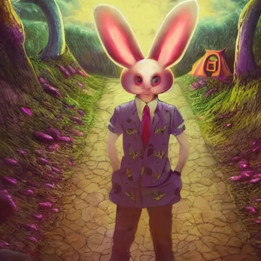 Image similar to 4 k headshot portrait of a psychedelic demonic anthropomorphic bunny rabbit with mushroom themed clothes, magic mushroom village in background. award winning. superb resolution. in the art style of junji ito and greg rutkowski. detailed mushroom city in background. hyper realistic anime. perfect art. dalle 2