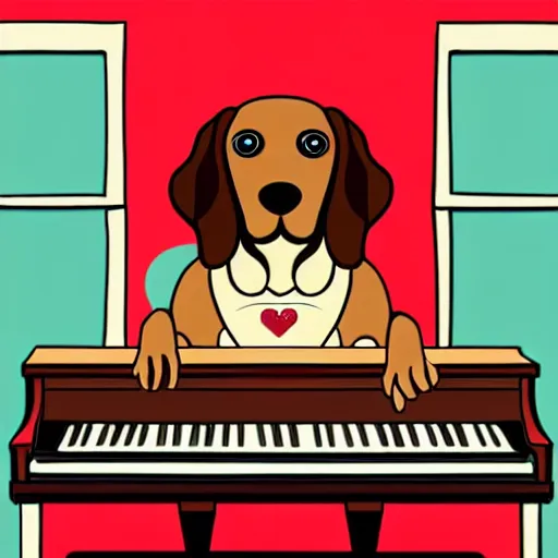 Image similar to a brown spaniel with a white chest playing a piano, Martini on the side. Artwork adult swim style, beer logo, no text