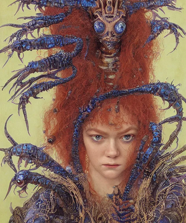 Prompt: a portrait photograph of a fierce sadie sink as an alien harpy queen with blue slimy amphibian skin. she is trying on evil bulbous slimy organic membrane fetish fashion and transforming into a fiery succubus amphibian robot. by donato giancola, walton ford, ernst haeckel, brian froud, hr giger. 8 k, cgsociety