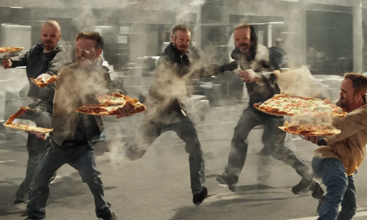 Prompt: jesse pinkman throwing pizza at walter white while he's running away, still shot from breakingbad serie