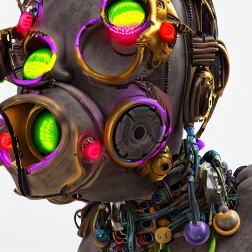 Image similar to a detailed claymodel of a dieselpunk rococo robot head wearing multicolored wires and headphone, 8 k, front view, symetrical, flourescent colors, halluzinogenic, multicolored, exaggerated detailed, front shot, 3 d render, octane