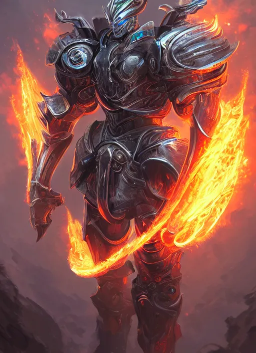 Image similar to a highly detailed illustration of cyber knight with flaming plume, dramatic battle standing pose, intricate mechanical armor, intricate, elegant, highly detailed, centered, digital painting, artstation, concept art, smooth, sharp focus, league of legends concept art, WLOP