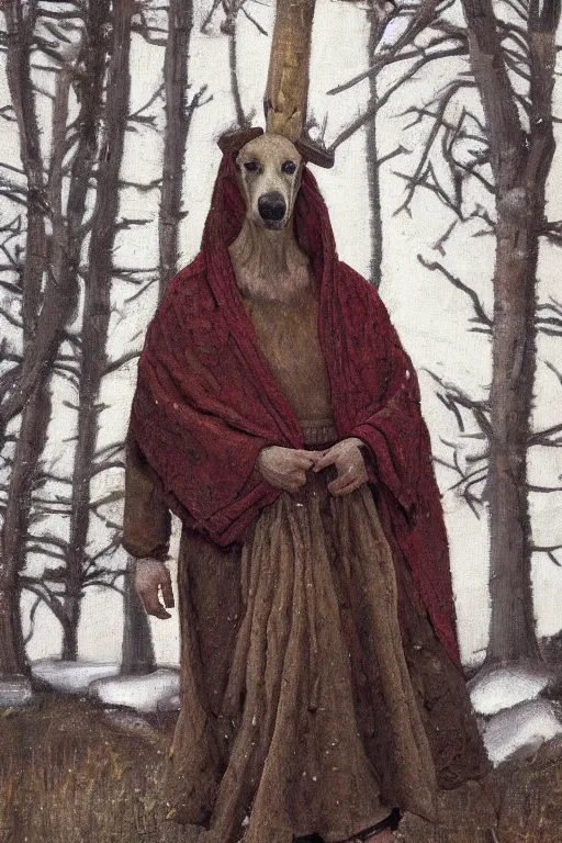 Image similar to slavic dog head man, woolen torso in medieval clothes, walking in the forest, orthodox, oil painting, concept art, hyperrealism, beautiful, high resolution, trending on artstation, by annie swynnerton and nicholas roerich, embroidered robes, elaborate costume, geometric ornament, symbolist, soft colors, extremely detailed