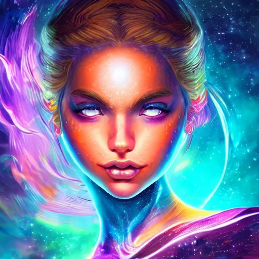 Image similar to highly detailed close up portrait of a celestial girl with a body made of cosmic energy, character art, studio lightning, bright colors, intricate, masterpiece, photorealistic, hiperrealistic, sharp focus, high contrast, Artstation HQ, DeviantArt trending, 4k UHD, Unreal Engine 5