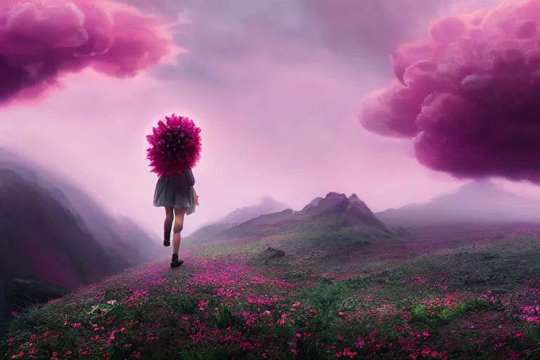 Image similar to giant dahlia flower over head, girl walking on mountain, surreal photography, pink storm clouds, dramatic light, impressionist painting, digital painting, artstation, simon stalenhag