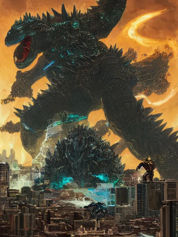 Prompt: pacific rim robot fight Godzilla destroy the cyber city,by Chris Ware,Jane Newland,peter,gric,Peter Mohrbacher,aaron horkey trending on artstation