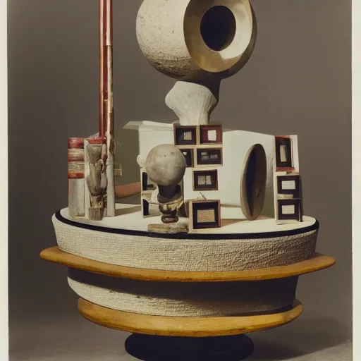 Prompt: An offset photography of an object on display, three colors, ((((anthropology of wonder)))), (exotic artifacts), bauhaus, colonial expedition, exhibition, 60s style