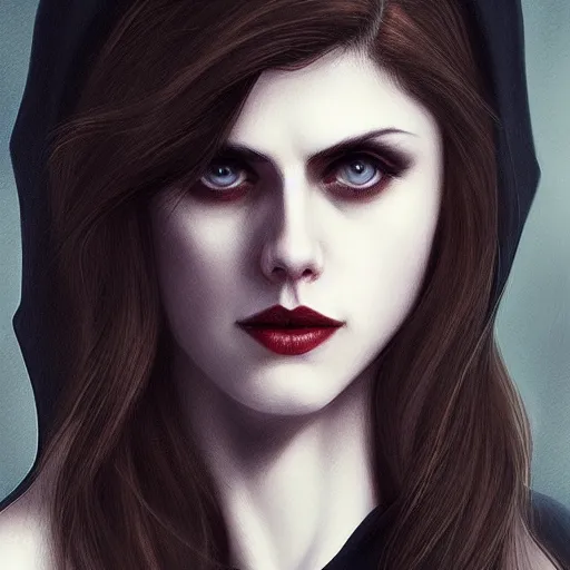 Image similar to Alexandra Daddario, beautiful vampire mistress dressed in a black cloak, by Stanley Artgerm Lau