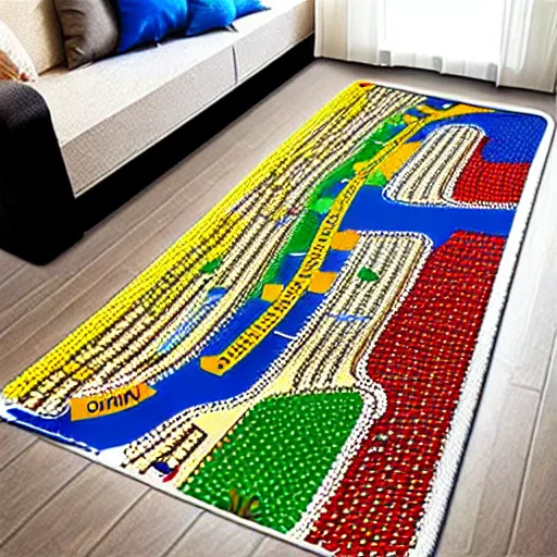 Image similar to an elaborate and dense kids road map carpet rug, detailed