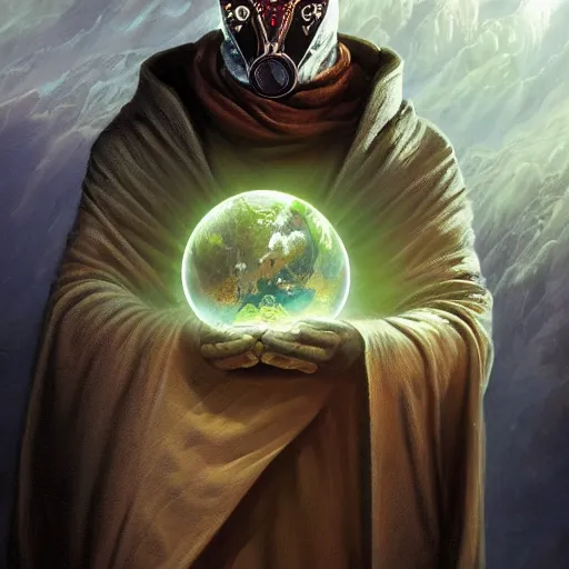 Image similar to masked nomad male wearing a cloak on an alien world and holding a holographic planet projection in his hand, detailed, sci - fi, digital painting, artstation, sharp focus, illustration, ominous, artgerm, tomasz alen kopera, peter mohrbacher, donato giancola, joseph christian leyendecker, wlop, frank frazetta