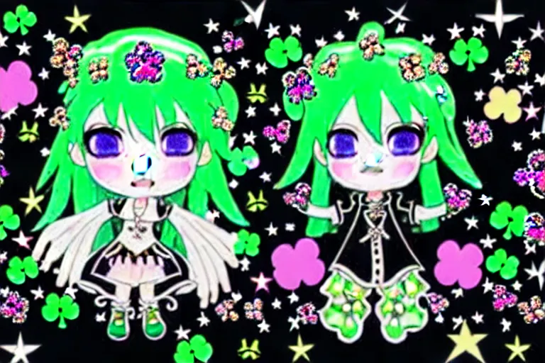 Image similar to baroque bedazzled gothic royalty frames surrounding a hologram of decora styled green haired yotsuba koiwai wearing a gothic spiked jacket, background full of lucky clovers, crosses, and shinning stars, holography, irridescent