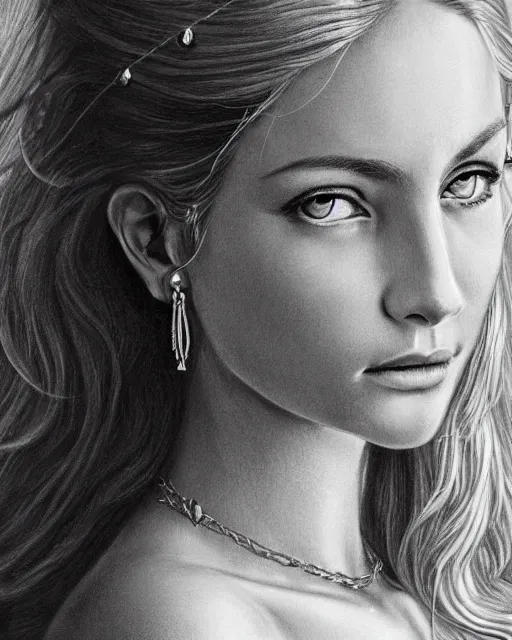 Image similar to pencil drawing of a beautiful greek goddess aphrodite with arrowhead earrings, beautiful piercing eyes, beautiful blonde hair, hyper realistic face, in the style of greg rutkowski, fantasy, amazing detail, epic, elegant, smooth, sharp focus, from the front