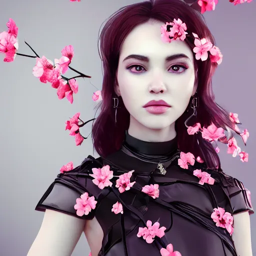 Image similar to beautiful girl in a dress made of black roses and cherry blossoms, beautiful portrait, symmetrical, character concept style trending on artstation concept art detailed octane render cinematic photo - realistic 8 k high detailed