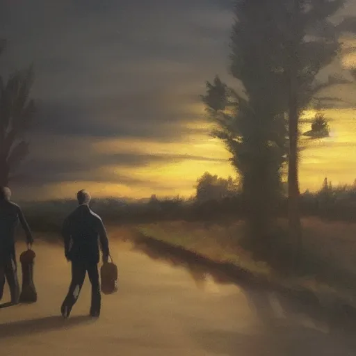 Prompt: two traveling men on an adventure, oil painting, dramatic lighting, at dusk