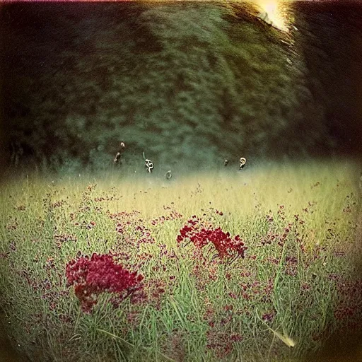 Prompt: “autochrome Lumière photography, open meadow full of flowers, Glass plate photography, morning haze, dappled light, 35mm atmospheric cinematography, dof, faded, atmospheric, photoreal photorealism”