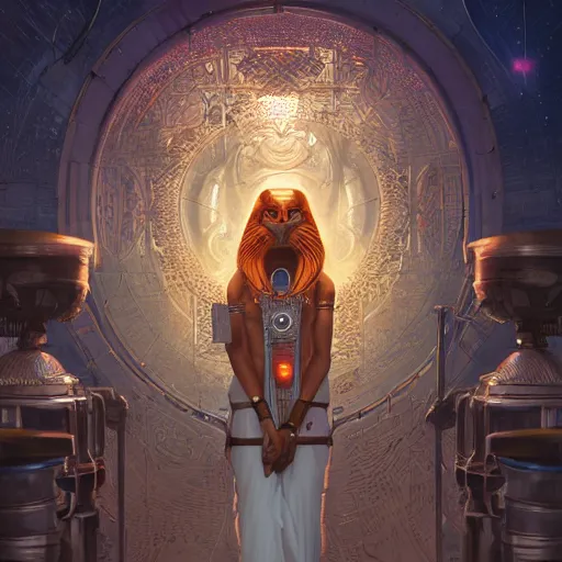 Image similar to highly detailed portrait of sekhmet the egyptian goddess, intricate alien technology, stephen bliss, unreal engine, fantasy art by greg rutkowski, loish, rhads, ferdinand knab, makoto shinkai and lois van baarle, ilya kuvshinov, rossdraws, tom bagshaw, global illumination, radiant light, detailed and intricate environment