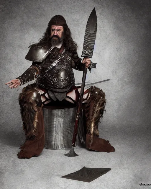 Image similar to bridget moynihan as king conan, directed by john millius, photorealistic, sitting on a metal throne, wearing ancient cimmerian armor, a battle axe to her side, cinematic photoshoot in the style of annie leibovitz, studio lighting