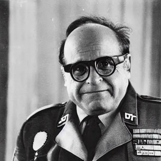 Prompt: portrait photograph of Danny DeVito as a WW2 Nazi Germany general