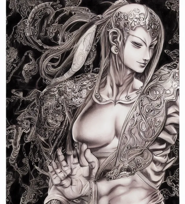 Prompt: buddhist taoist drawing painting of a beautiful girl portrait in alex ross frank miller giger gantz onepunchman miura kentaro style detailed trending award winning