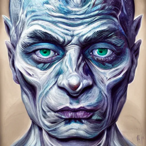 Prompt: Intricate five star Frost Demon facial portrait by Pablo Picasso, oil on canvas, HDR, Skin texture, cinematic, vibrant colors, photo realistic, hyperrealism,high detail, matte finish, high contrast, 3d depth, masterpiece, vivid colors, artstationhd