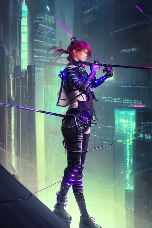 Image similar to portrait futuristic adorable cyberpunk young female archer, in futuristic stormy thunder light tokyo rooftop cyberpunk night, ssci-fi, fantasy, intricate, very very beautiful, elegant, neon light, highly detailed, digital painting, artstation, concept art, soft light, hdri, smooth, sharp focus, illustration, art by tian zi and craig mullins and WLOP and alphonse mucha