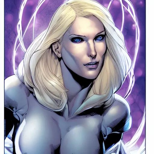 Image similar to Portrait of Emma Frost, a beautiful woman in her 30s, with white blonde hair and blue eyes, symmetrical face, detailed face, delicate features, graphic novel, art by Ardian Syaf,