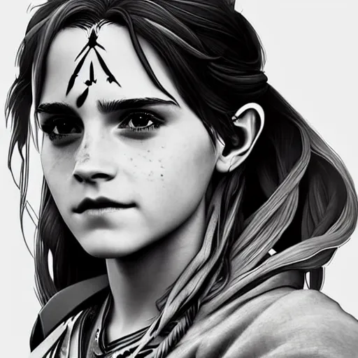 Prompt: emma watson as aloy from horizon zero dawn in the style of artgerm, wlop, digital art, close-up, insanly detailed