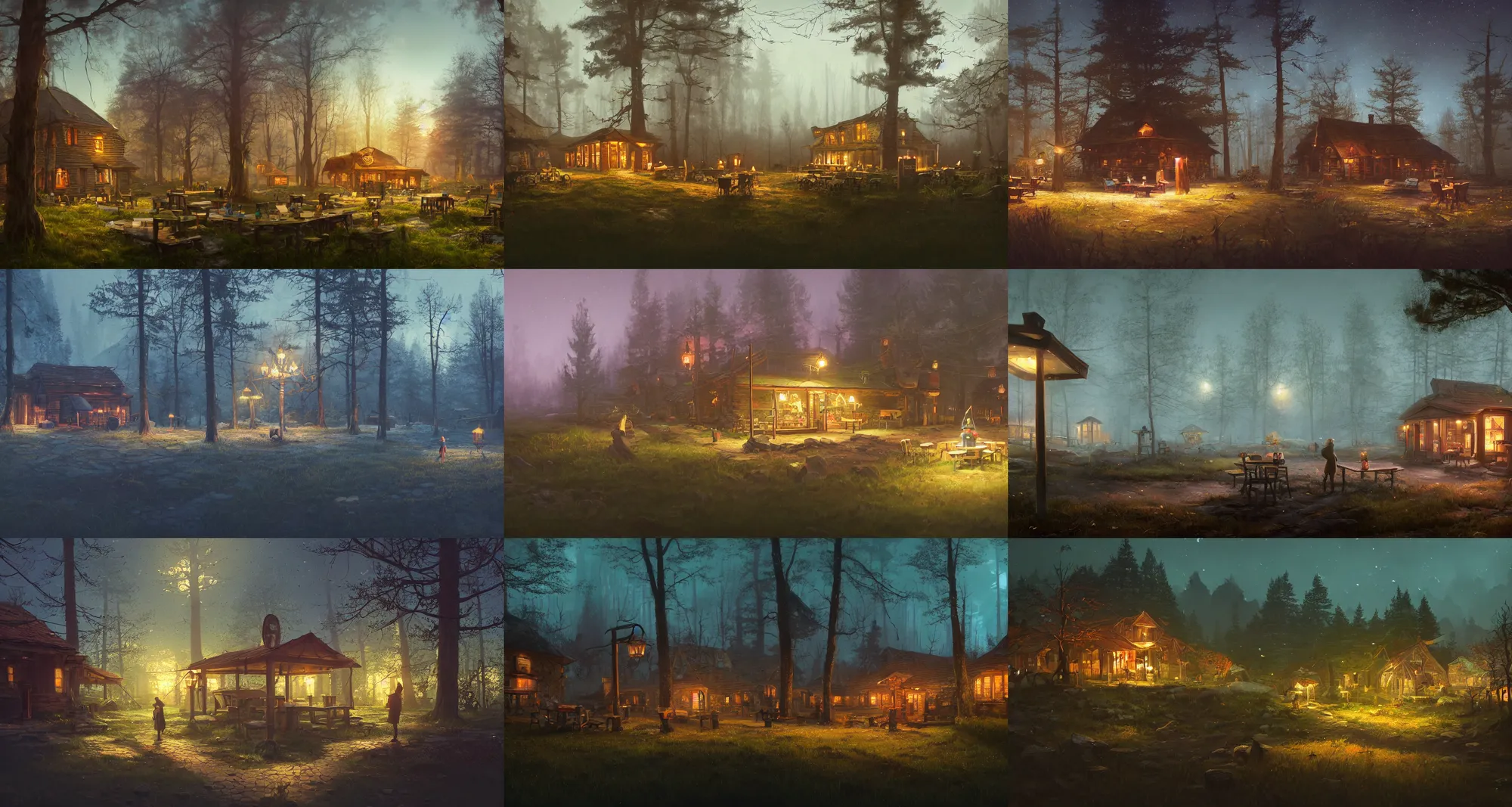 Prompt: A landscape with a quiet tavern in the middle of a forgotten magical forest, magical particles, warm lighting, inviting, enchanting, rendered by simon stålenhag, rendered by Beeple, Makoto Shinkai, syd meade, environment concept, digital art, unreal engine, 3 point perspective, WLOP, trending on artstation, low level, 4K UHD image, octane render,