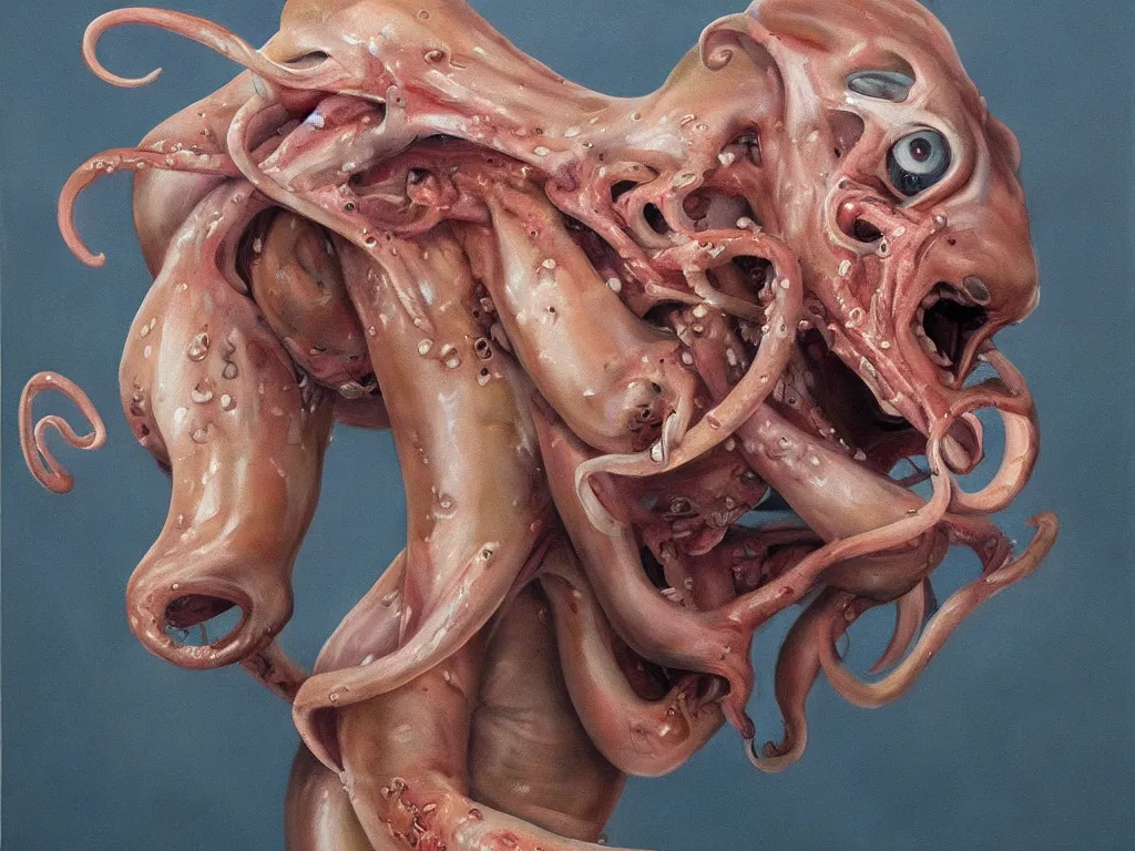 Image similar to a perfect hyperrealist painting of a human squid chimera creature. being torn apart by a horse with tumours all over its bloated swollen blasphemous body. screaming and panic. fine art, gallery lighting, solemn, and exquisite