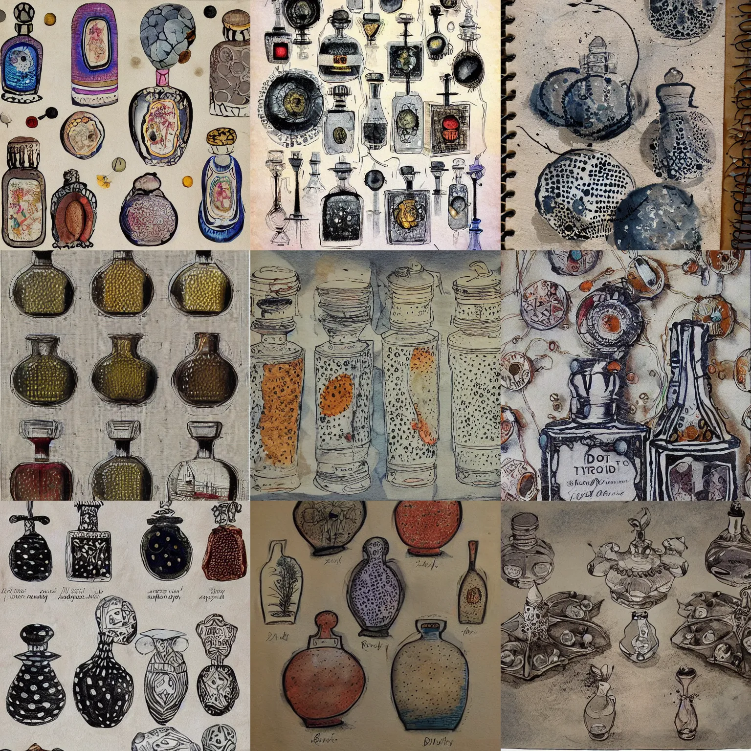 Prompt: dot art by benday, 1 8 th century perfume bottles, ink painting on old paper, epic, masterpiece, illustration, hdr, 8 k