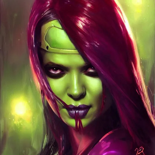 Image similar to Gamora, paint by Raymond Swanland