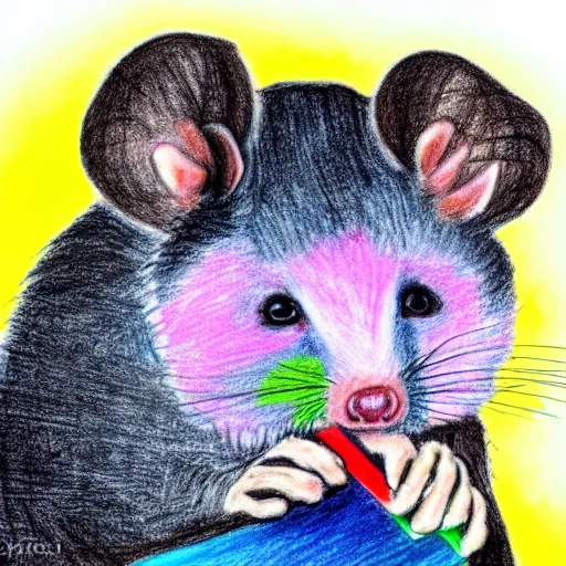 Prompt: an opossum holds up some crayon drawing. hd digital photography of an opossum