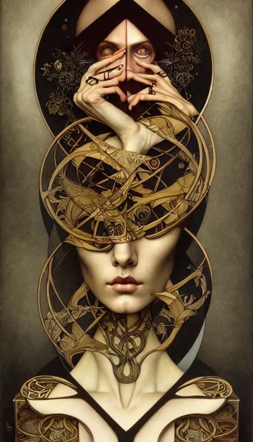 Image similar to M. C. Escher looking puzzled painted by tom bagshaw, mobius, mucha M. C. Escher, gold paint, ink, gnarly details