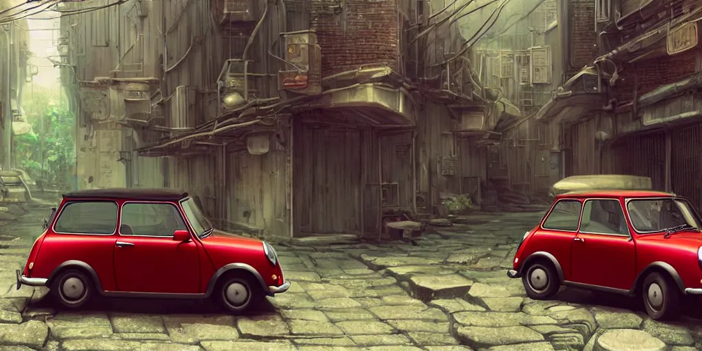 Prompt: a wholesome animation key shot of a focused old Red Mini Cooper car parked in an abandoned alleyway, medium shot, waist up, studio Ghibli, Pixar and Disney animation, sharp, very detailed, high resolution, Rendered in Unreal Engine 5, anime key art by Greg Rutkowski, Bloom, dramatic lighting