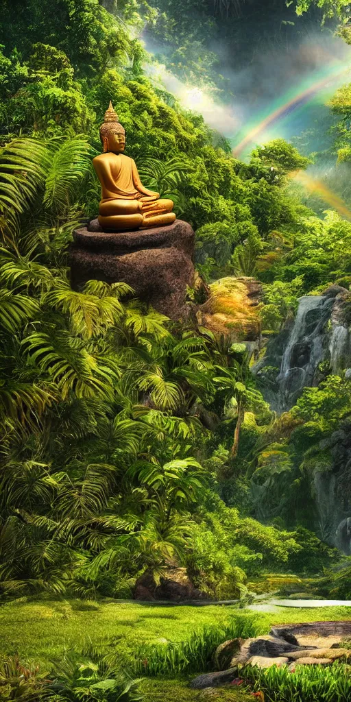 Prompt: well framed buddha meditating in a lush jurassic landscape, 4 k, hyper realistic, in he style of national geographic, coherent design, symmetrical, vivid colour, complementary colour, golden ratio, detailed, sharp lines, intricate, rainbow shift, in unreal 3 d engine, ray tracing, octane render