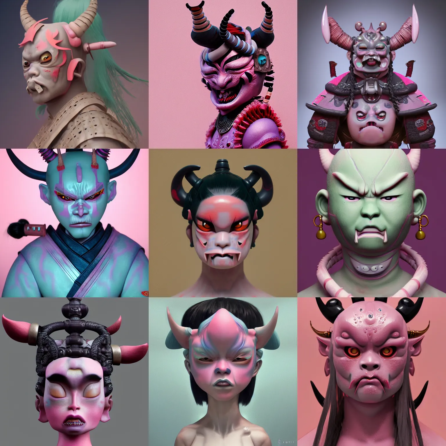 Prompt: an oni demon samurai warrior by amy sol, hikari shimoda, mark ryden, cute, weird, cool, pastel colors, glossy plastic, face symmetry, artstation, houdini sidefx, octane 3 d, volumetric lighting, 8 k