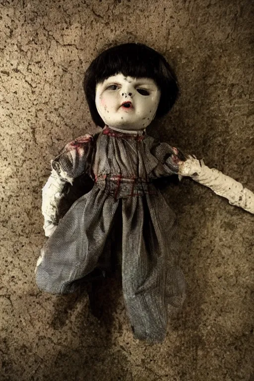 Image similar to creepy dirty cracked vintage doll in darkly lit dusty basement cobwebs blair witch style photo