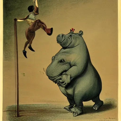 Image similar to color lithograph of a hippopotamus in a circus performing a trick.