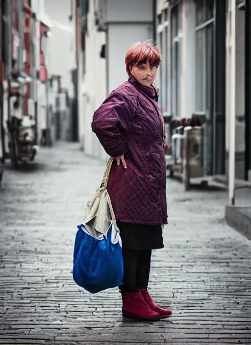 Prompt: color medium shot portrait of 50-year-old woman from Norway with short hair, candid street portrait in the style of Rehahn award winning, Sony a7R