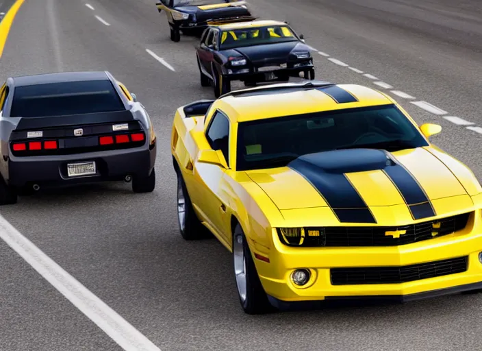 Prompt: a yellow camaro mach 1 being chased by police cars on a highway, dusty sunne day