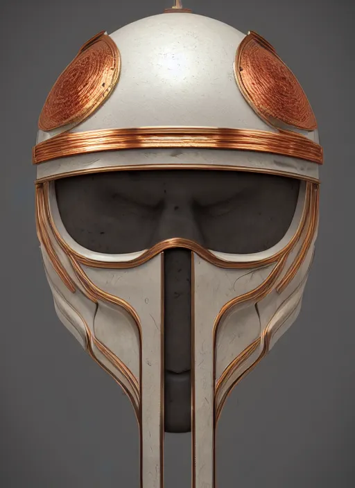 Image similar to Helmet of a forgotten Deity, ivory, copper elements, extremly detailed digital painting, mystical colors, rim light, beautiful lighting, 8k, stunning scene, raytracing, octane, trending on artstation