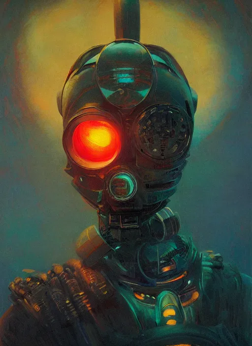 Image similar to portrait of bomba cybersisi, cinematic light, looking to the side off camera, backlight glow, teal orange, mist, by gerald brom, by mikhail vrubel, by alex andreev, by peter elson, muted colors, extreme detail, trending on artstation, 8 k