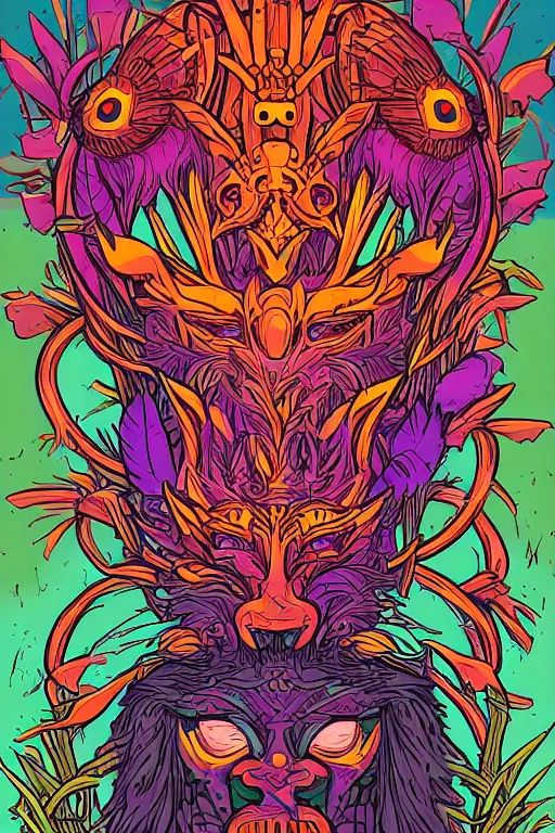 Image similar to animal mask totem roots flower tribal feather gemstone plant wood rock shaman vodoo video game vector cutout illustration vivid multicolor borderlands comics by josan gonzales and dan mumford radiating a glowing aura